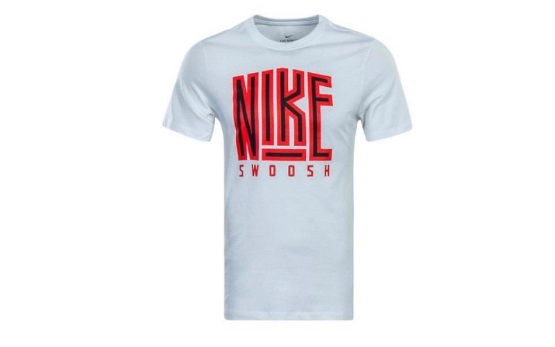 red nike shirt with white swoosh