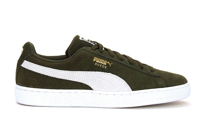 green suede puma sneakers